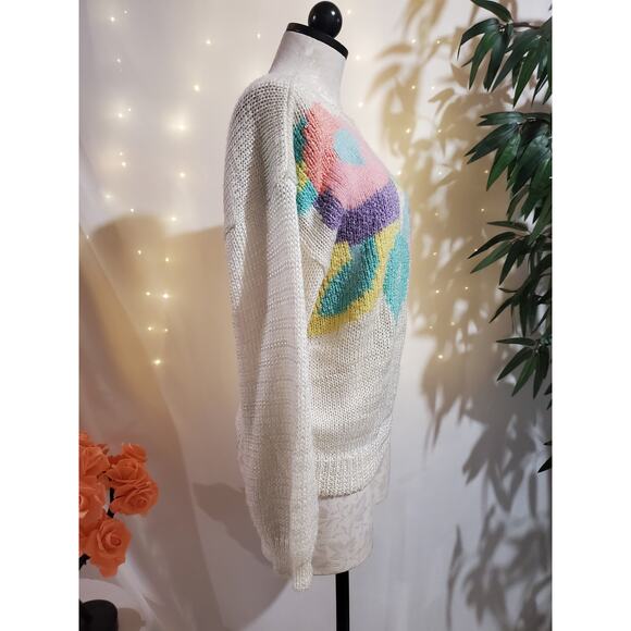 Ginenne VTG 80s Wool Angora Blend Pastel Knit Sweater Womens Size M Crew Neck - Picture 2 of 9